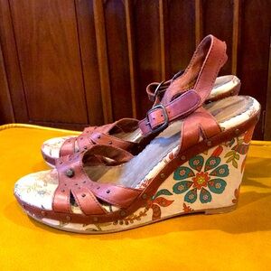 Seychelles Platform Leather Heels Sandals Print Fabric Wedges Retro 7.5